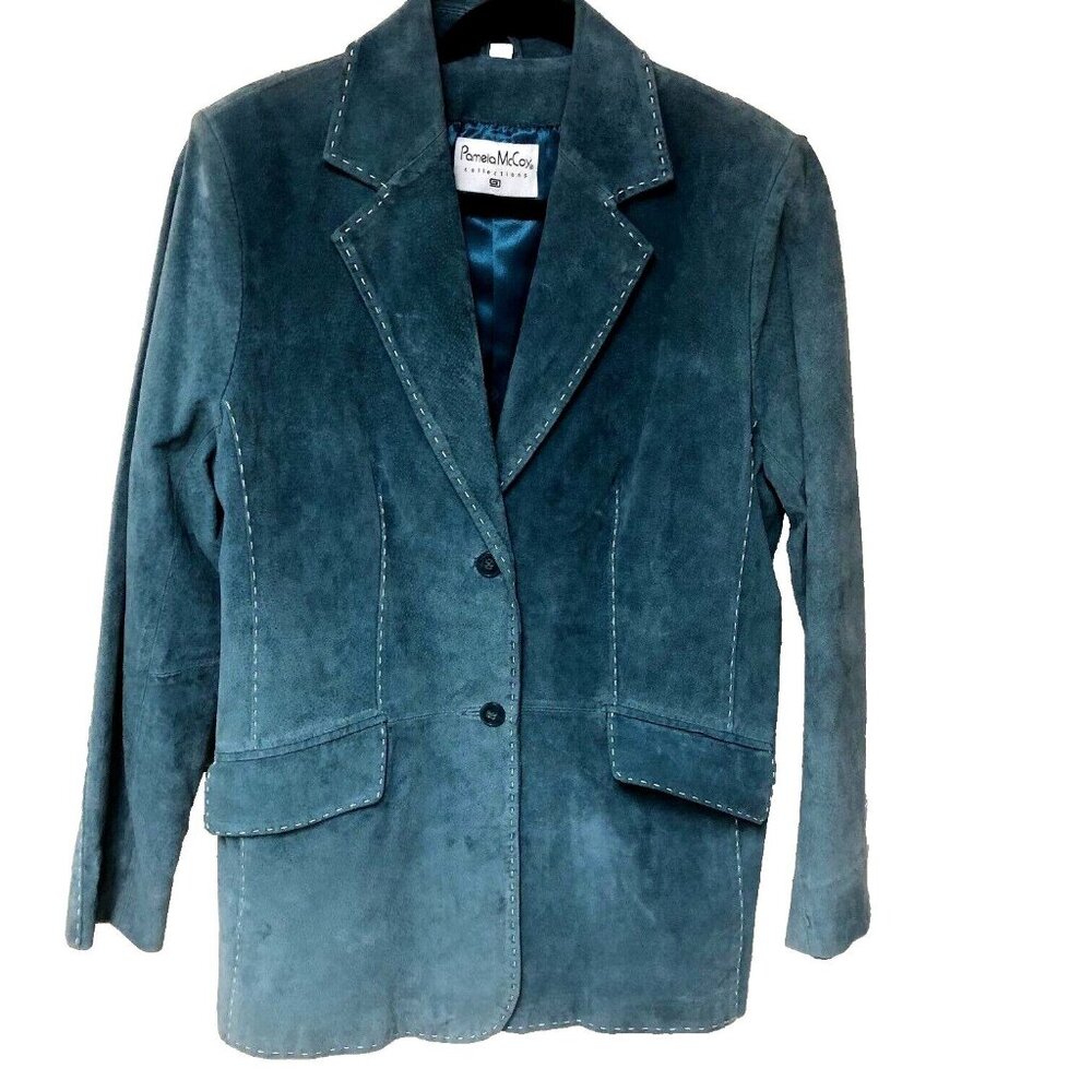 NWOT Pamela McCoy Womens M Suede Jacket Blue‎ Top Stitch Western Lined Pocket